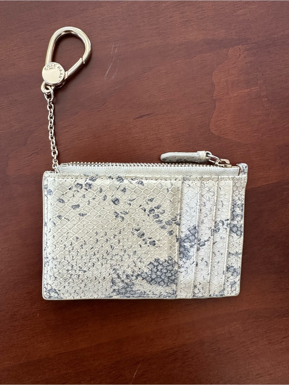 Cole Haan Cream Snakeskin Card Wallet Keychain with Silver Hardware